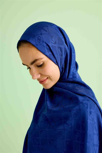Oryantal Kafes Lacivert Jakarlı İpek Şal 70x200