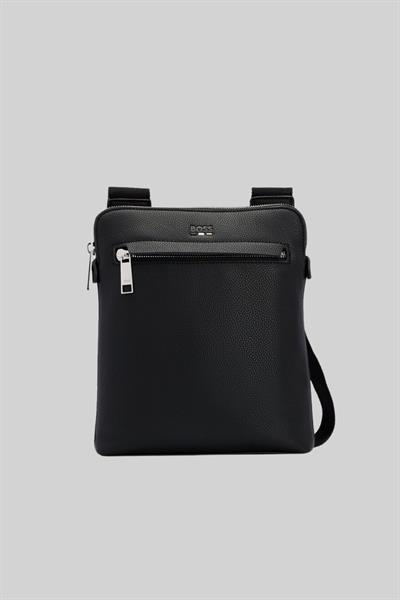 Boss Erkek Logo ve İmza Şeritli Suni Deri Zarf Omuz Çantası Siyah