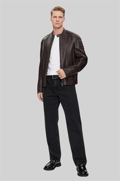 Boss Erkek Regular Fit Deri Ceket Kahverengi