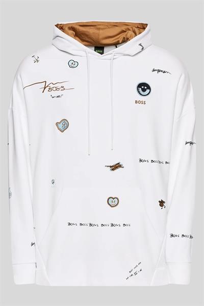 Boss Erkek Soodyart Regular Fit Baskılı Kapüşonlu Sweatshirt Beyaz 100