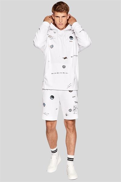 Boss Erkek Soodyart Regular Fit Baskılı Kapüşonlu Sweatshirt Beyaz 100