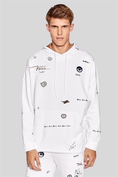 Boss Erkek Soodyart Regular Fit Baskılı Kapüşonlu Sweatshirt Beyaz 100