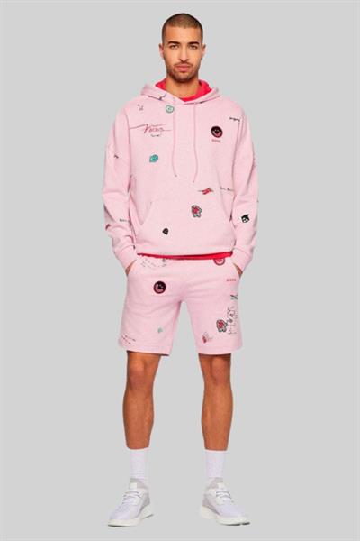 Boss Erkek Soodyart Regular Fit Baskılı Kapüşonlu Sweatshirt Pembe
