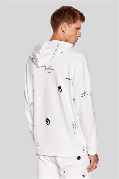 Boss Erkek Soodyart Regular Fit Baskılı Kapüşonlu Sweatshirt Beyaz 100