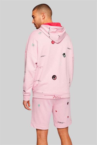 Boss Erkek Soodyart Regular Fit Baskılı Kapüşonlu Sweatshirt Pembe