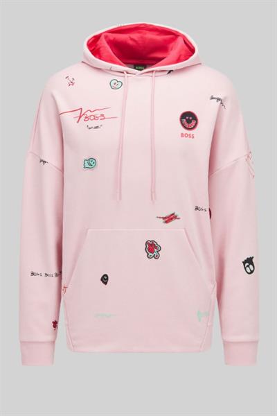 Boss Erkek Soodyart Regular Fit Baskılı Kapüşonlu Sweatshirt Pembe