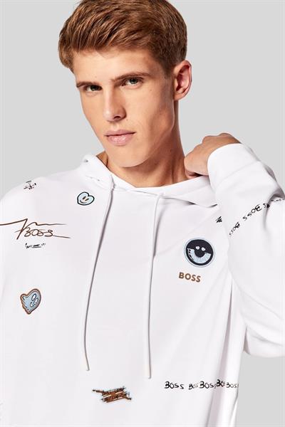 Boss Erkek Soodyart Regular Fit Baskılı Kapüşonlu Sweatshirt Beyaz 100