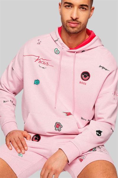 Boss Erkek Soodyart Regular Fit Baskılı Kapüşonlu Sweatshirt Pembe