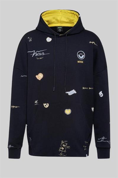 Boss Erkek Soodyart Regular Fit Baskılı Kapüşonlu Sweatshirt Mavi 402
