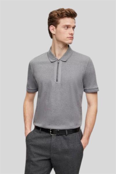 Boss Fermuarlı Merserize Pamuklu Erkek Polo T-Shirt Gri 030