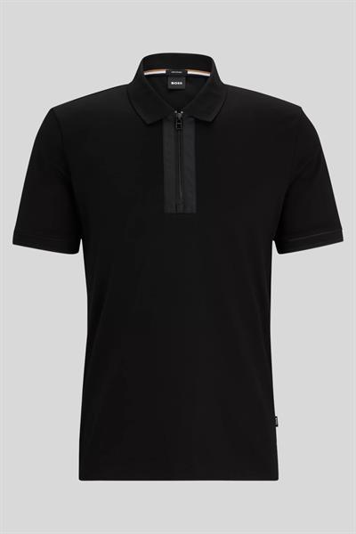 Boss Fermuarlı Merserize Pamuklu Erkek Polo T-Shirt Siyah
