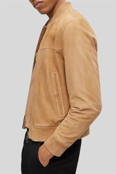 Boss Hakiki Deri Süet Regular Fit Bomber Erkek Ceket Bej 260