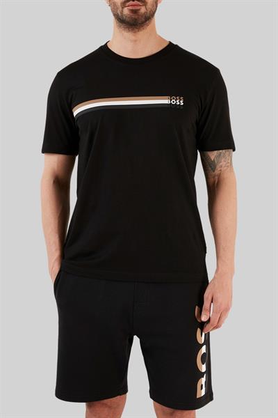Boss İmza Çizgili Logo Baskılı Erkek T-Shirt Siyah