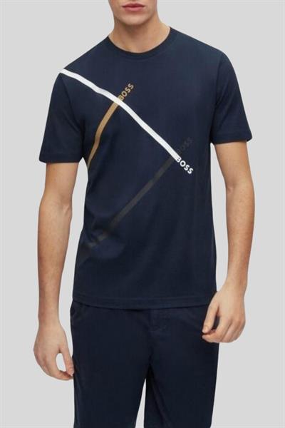 Boss İmza Çizgili Logo Baskılı Erkek T-Shirt Lacivert 404