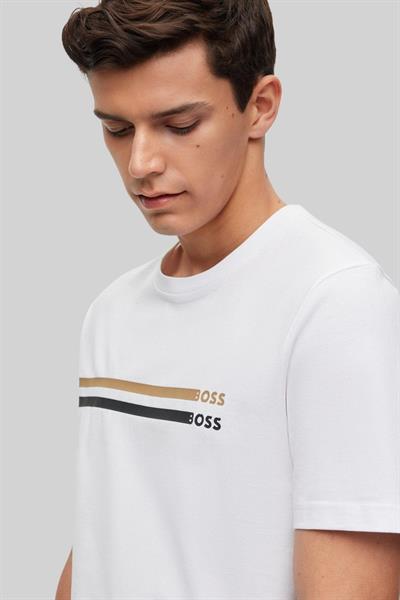 Boss İmza Çizgili Logo Baskılı Erkek T-Shirt Beyaz 100