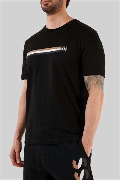 Boss İmza Çizgili Logo Baskılı Erkek T-Shirt Siyah