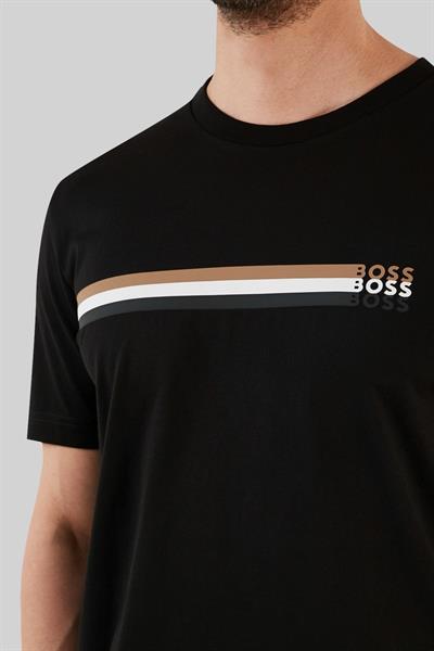 Boss İmza Çizgili Logo Baskılı Erkek T-Shirt Siyah