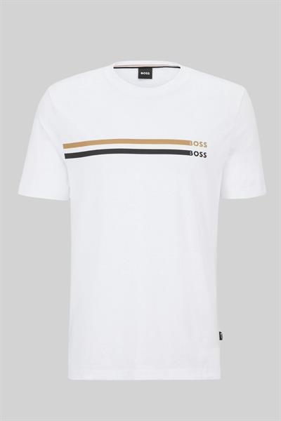 Boss İmza Çizgili Logo Baskılı Erkek T-Shirt Beyaz 100