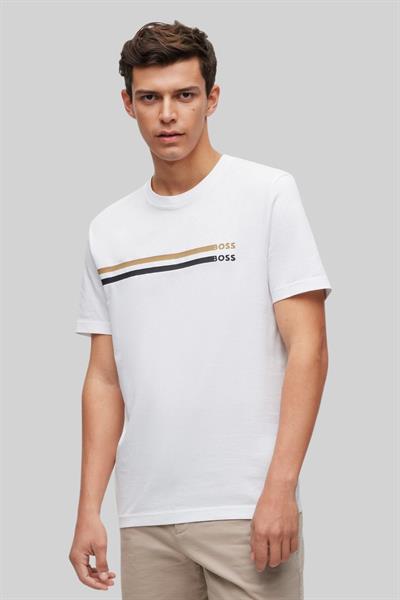 Boss İmza Çizgili Logo Baskılı Erkek T-Shirt Beyaz 100