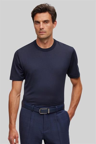 Boss İnce Çizgili ve Çift Yakalı Pamuk-İpek Erkek T-Shirt Lacivert 404