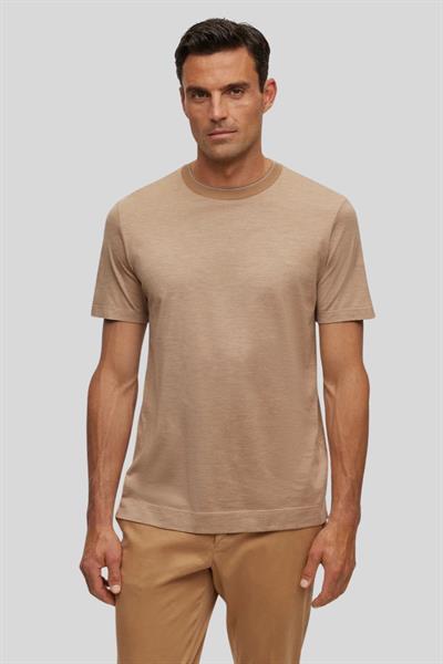 Boss İnce Çizgili ve Çift Yakalı Pamuk-İpek Erkek T-Shirt Bej 260