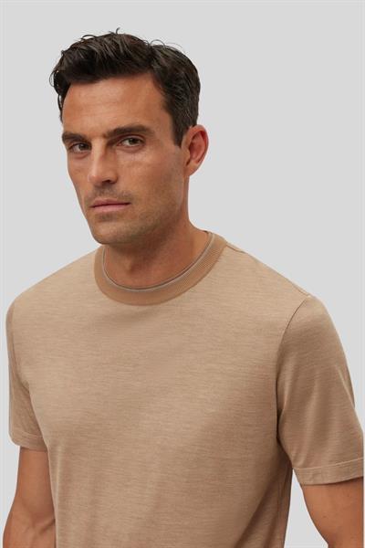 Boss İnce Çizgili ve Çift Yakalı Pamuk-İpek Erkek T-Shirt Bej 260