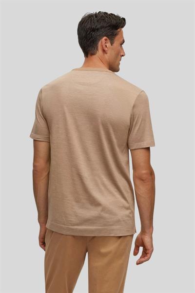 Boss İnce Çizgili ve Çift Yakalı Pamuk-İpek Erkek T-Shirt Bej 260