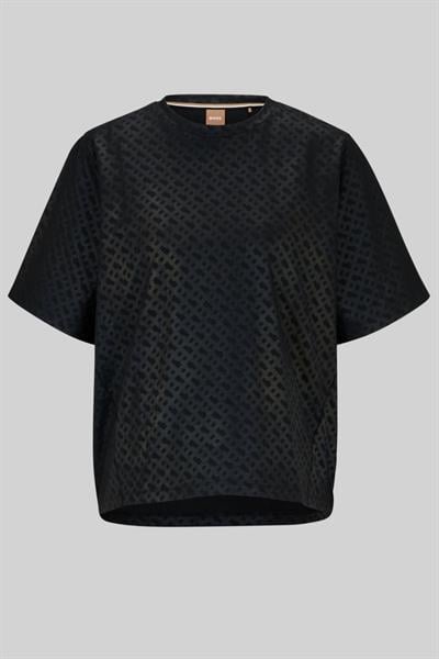 Boss Kadın Monogram Desenli Yuvarlak Yaka Oversize T-Shirt Siyah