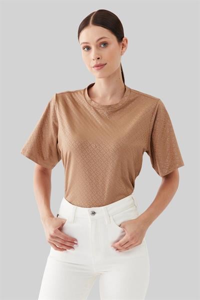 Boss Kadın Monogram Desenli Yuvarlak Yaka Oversize T-Shirt Bej 260