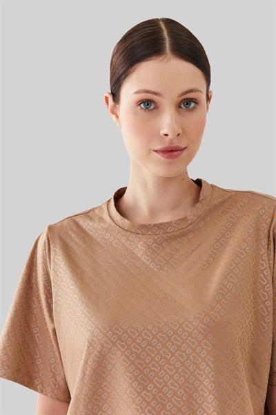 Boss Kadın Monogram Desenli Yuvarlak Yaka Oversize T-Shirt Bej 260