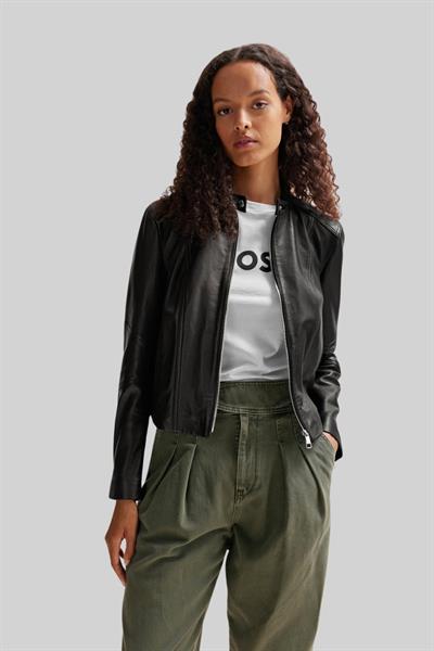 Boss Kadın Slim Fit Fermuarlı Yakasız Deri Ceket Siyah