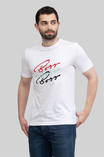 Boss Logo Baskılı Slim Fit Erkek T-Shirt Beyaz 100