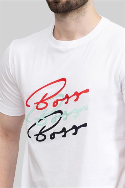 Boss Logo Baskılı Slim Fit Erkek T-Shirt Beyaz 100