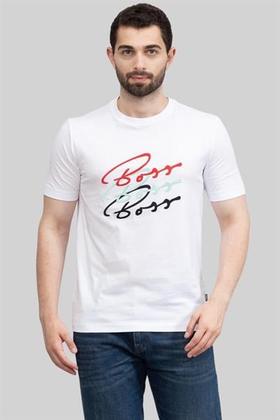 Boss Logo Baskılı Slim Fit Erkek T-Shirt Beyaz 100