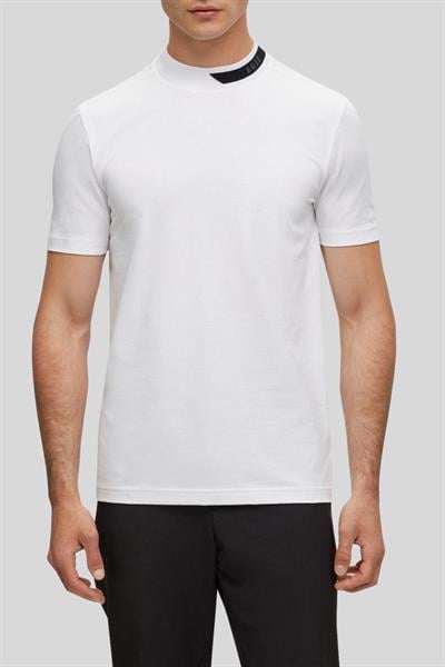 Boss Logo Şeritli Dik Yaka Regular Fit Erkek T-Shirt Beyaz 100