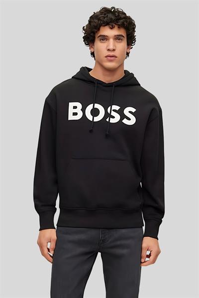 Boss Logolu Baskılı Kapüşonlu Erkek Sweatshirt Siyah
