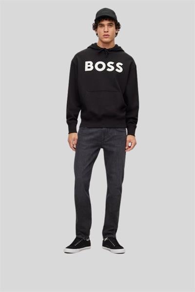 Boss Logolu Baskılı Kapüşonlu Erkek Sweatshirt Siyah
