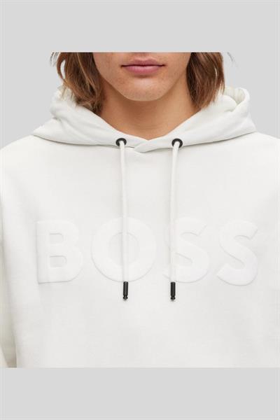 Boss Logolu Baskılı Kapüşonlu Erkek Sweatshirt Beyaz