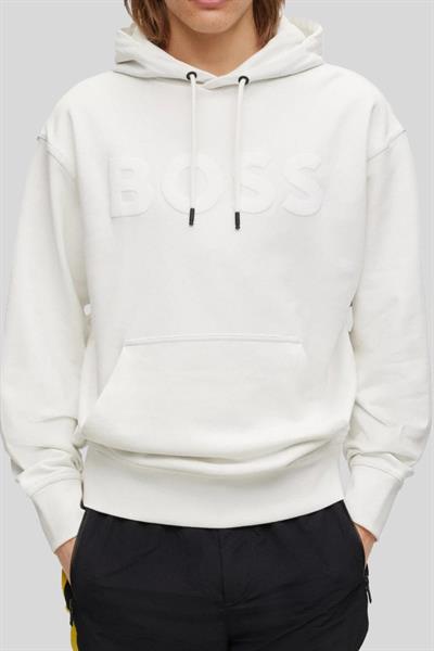 Boss Logolu Baskılı Kapüşonlu Erkek Sweatshirt Beyaz