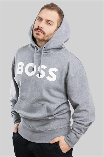 Boss Logolu Baskılı Kapüşonlu Erkek Sweatshirt Gri 051