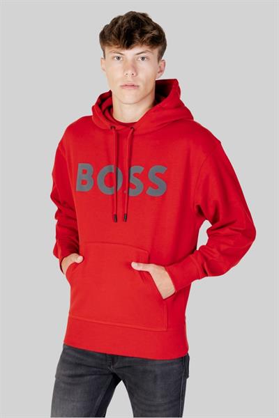 Boss Logolu Baskılı Kapüşonlu Erkek Sweatshirt Kırmızı 624