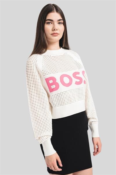 Boss Marka Logolu Regular Fit Kadın Kazak Beyaz 118