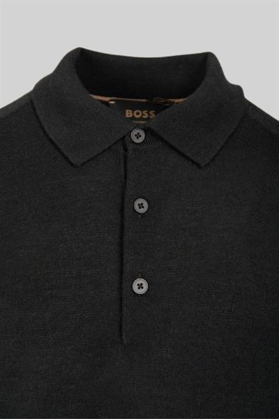 Boss Regular Fit Polo Yaka Erkek Yün Kazak Siyah
