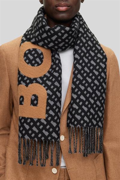 Boss Tamamı Logolu Yünlü Erkek Siyah Atkı Siyah