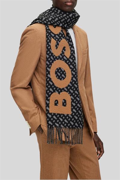 Boss Tamamı Logolu Yünlü Erkek Siyah Atkı Siyah