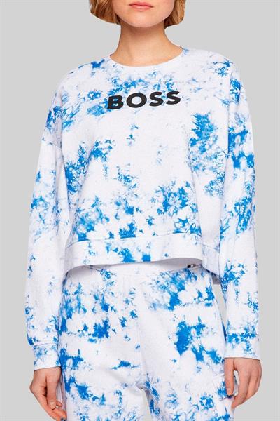 Boss Yuvarlak Yakalı Logolu Batik Desenli Kadın Sweatshirt Lacivert