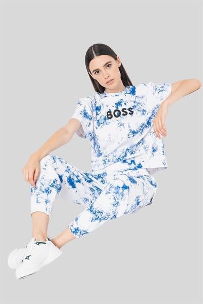 Boss Yuvarlak Yakalı Logolu Batik Desenli Kadın T-Shirt Lacivert