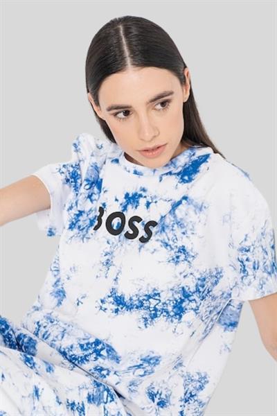 Boss Yuvarlak Yakalı Logolu Batik Desenli Kadın T-Shirt Lacivert