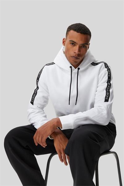 Calvin Klein Erkek Bant Logolu Kapüşonlu Sweatshirt Beyaz
