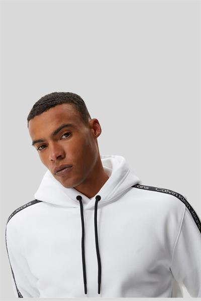 Calvin Klein Erkek Bant Logolu Kapüşonlu Sweatshirt Beyaz